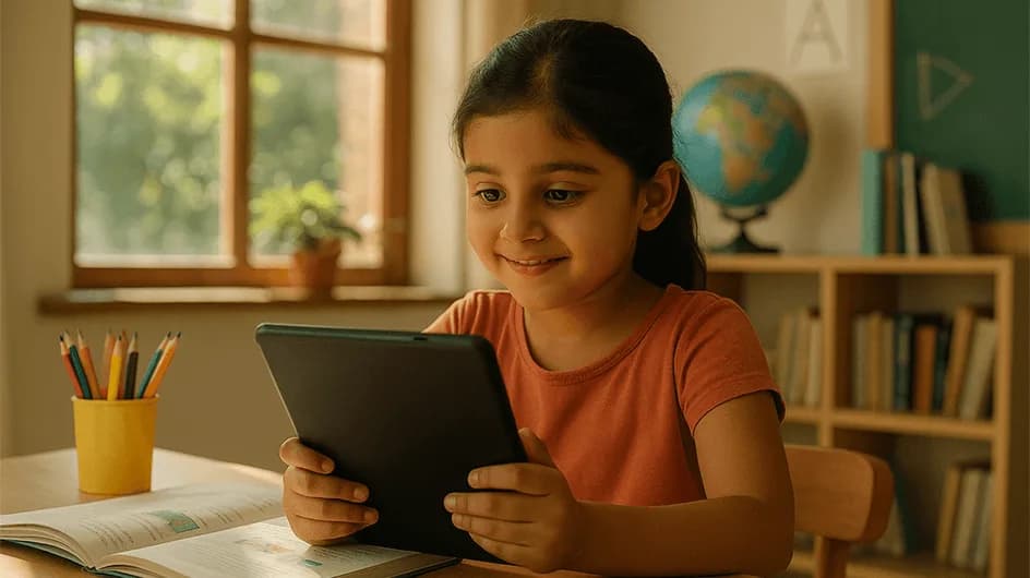 Mentor guiding a child at a laptop